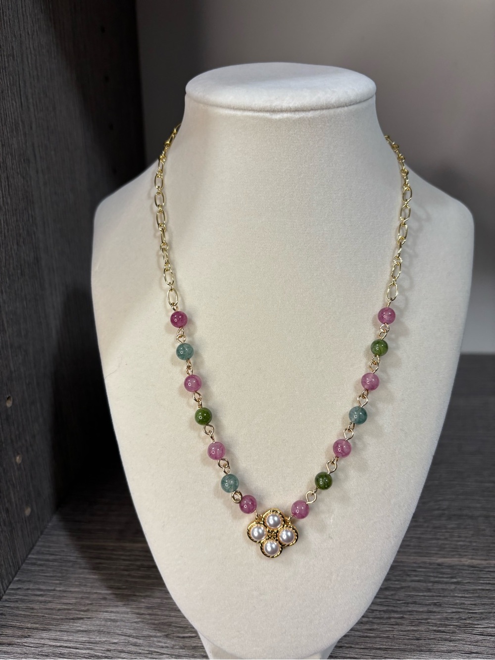 NWOT- Tory Burch Gold Necklace with Pink, Green, Blue Beads and Pearl Flower